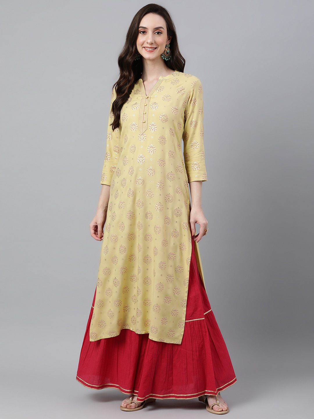

Janasya Ethnic Motifs Printed Straight Kurta, Beige