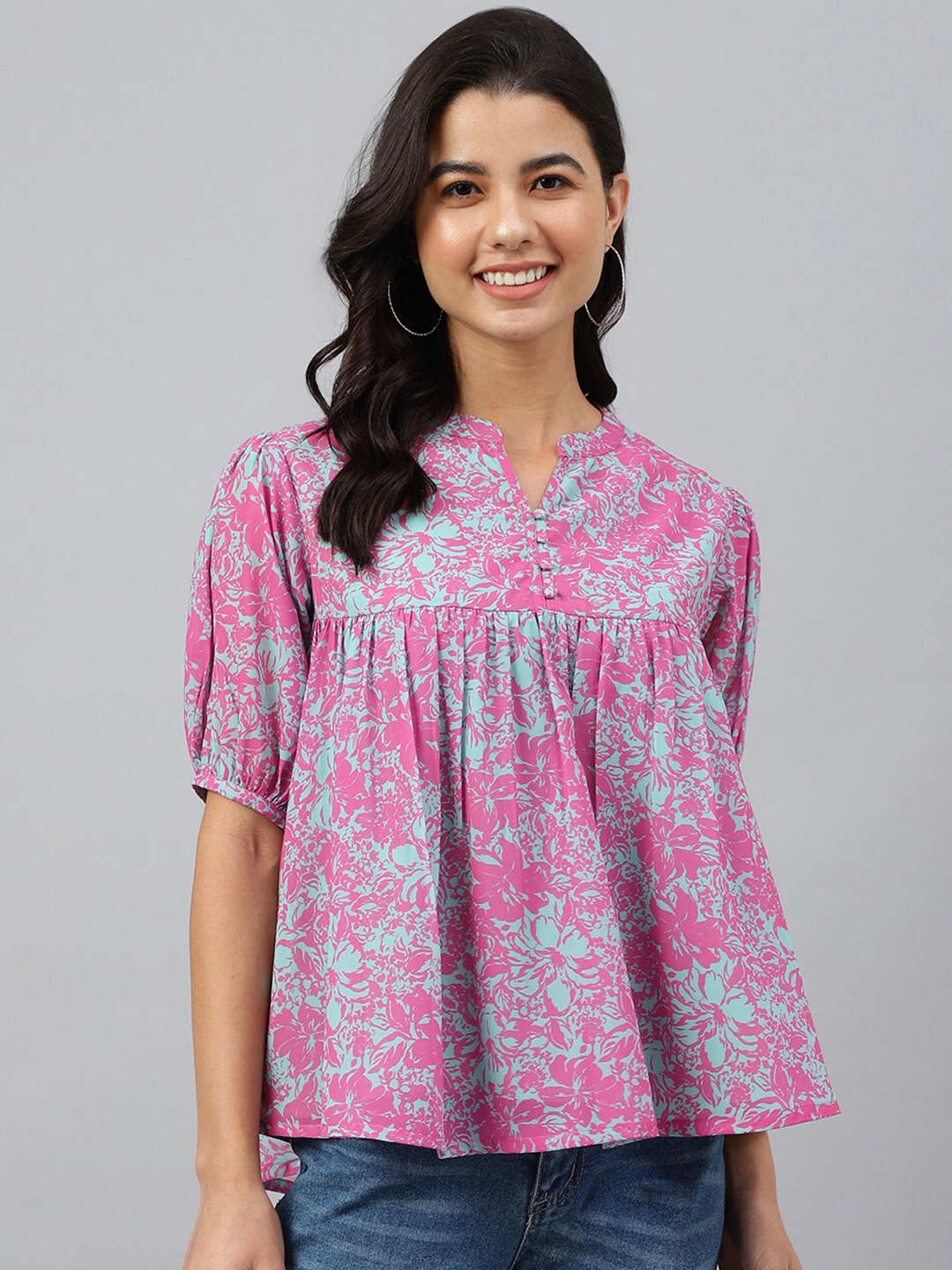 

Janasya Floral Print Mandarin Collar Georgette Top, Pink