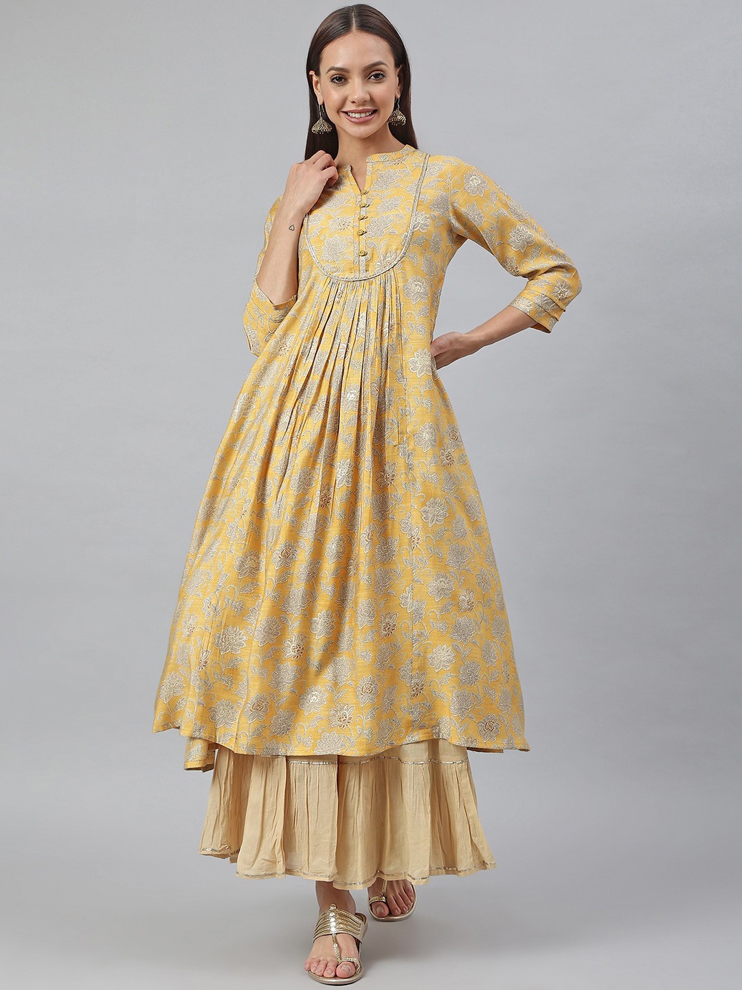 

Janasya Ethnic Motifs Printed Gotta Patti Anarkali Kurta, Mustard