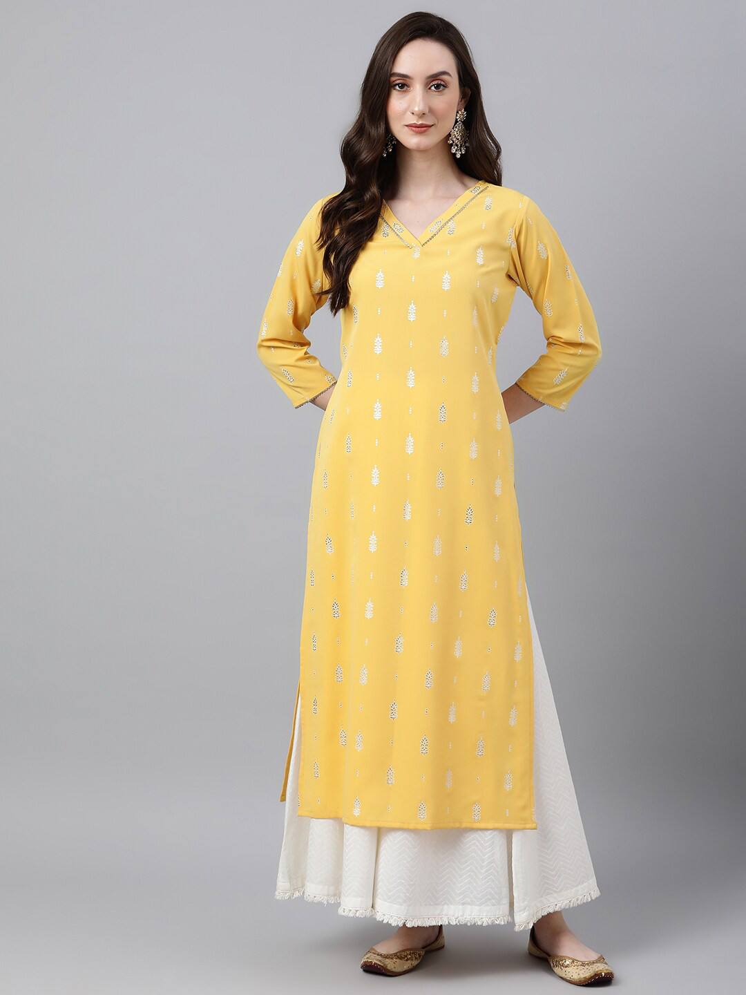 

Janasya Ethnic Motifs Printed V-Neck Straight Kurta, Mustard