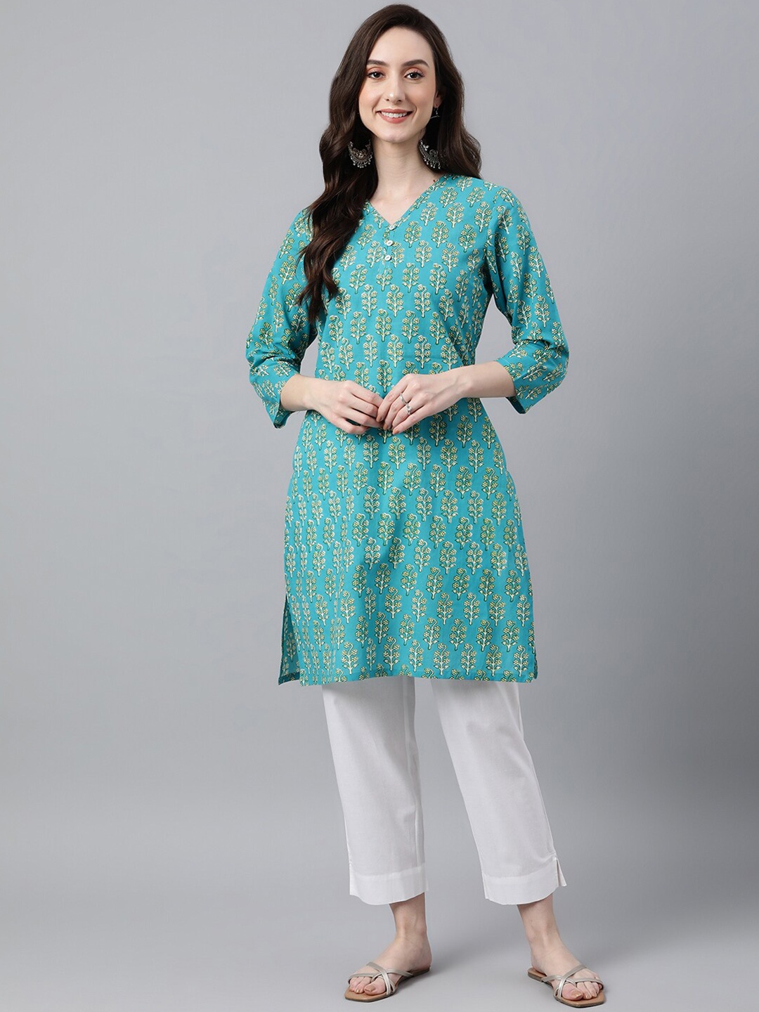 

Janasya Floral Printed Cotton Kurta, Turquoise blue