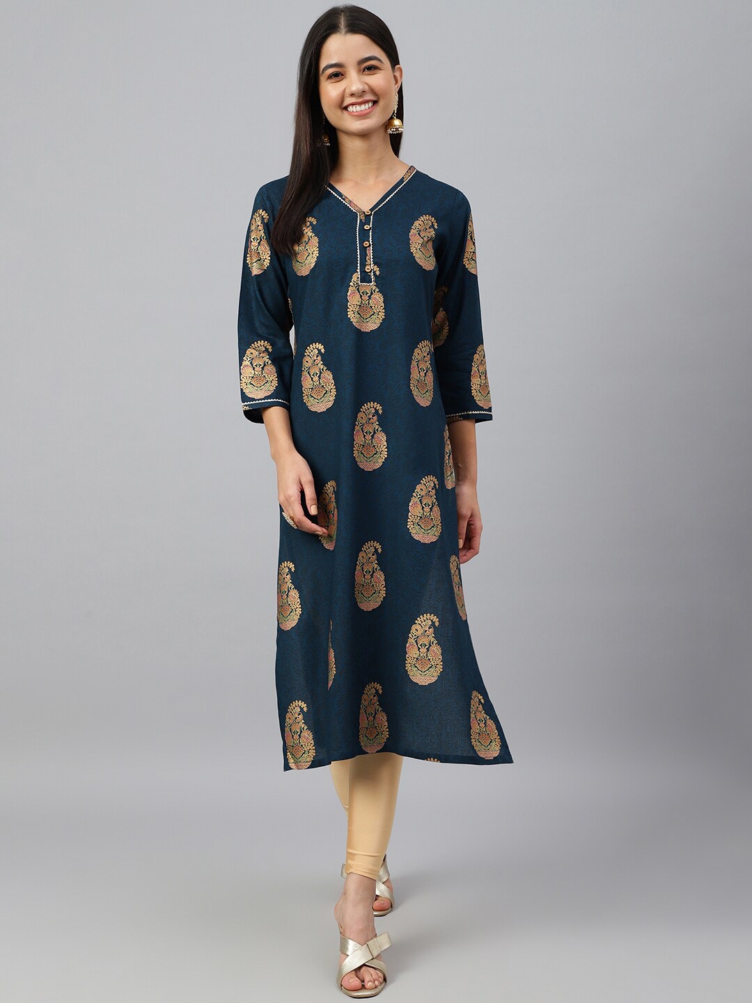 

Janasya Paisley Foil Printed Straight Kurta, Navy blue