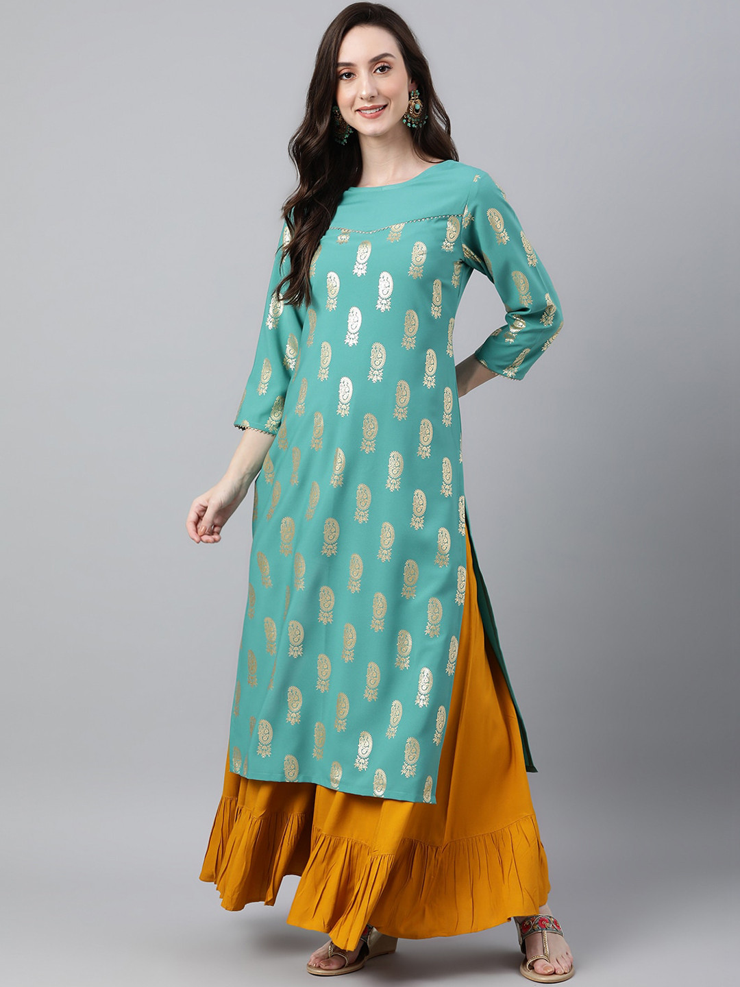 

Janasya Women Ethnic Motifs Foil Printed Straight Kurta, Green