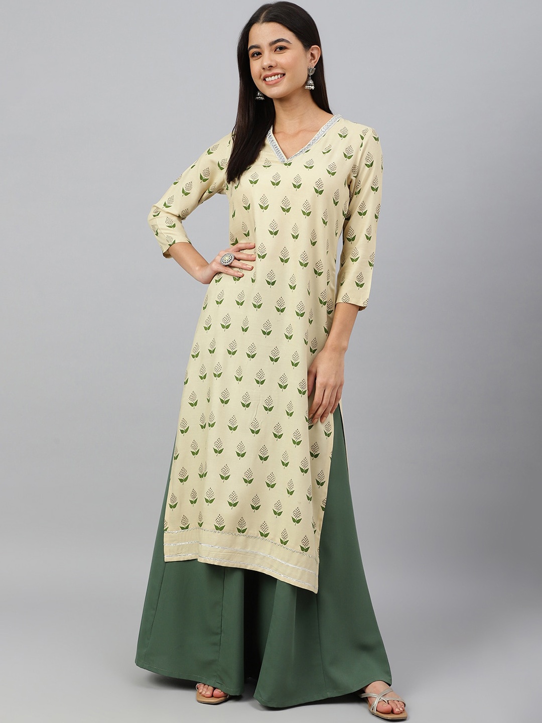 

Janasya Wome Floral Printed Stones Embellished V-Neck Kurta, Cream