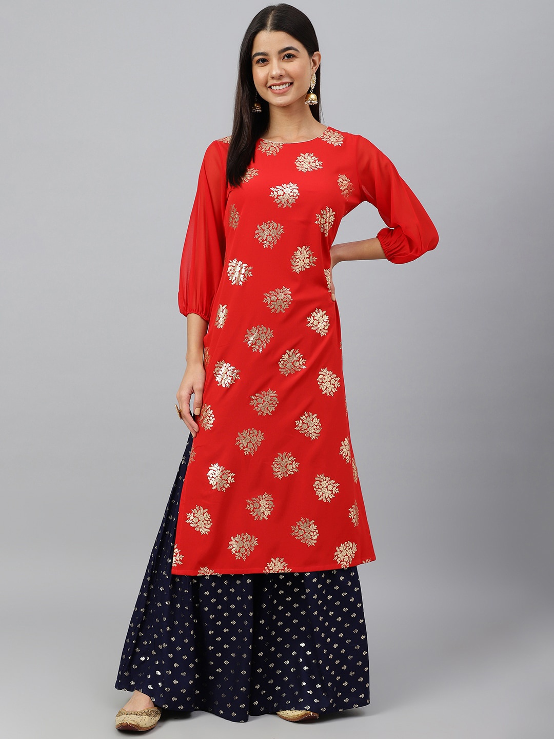 

Janasya Women Floral Printed Straight Kurta, Red