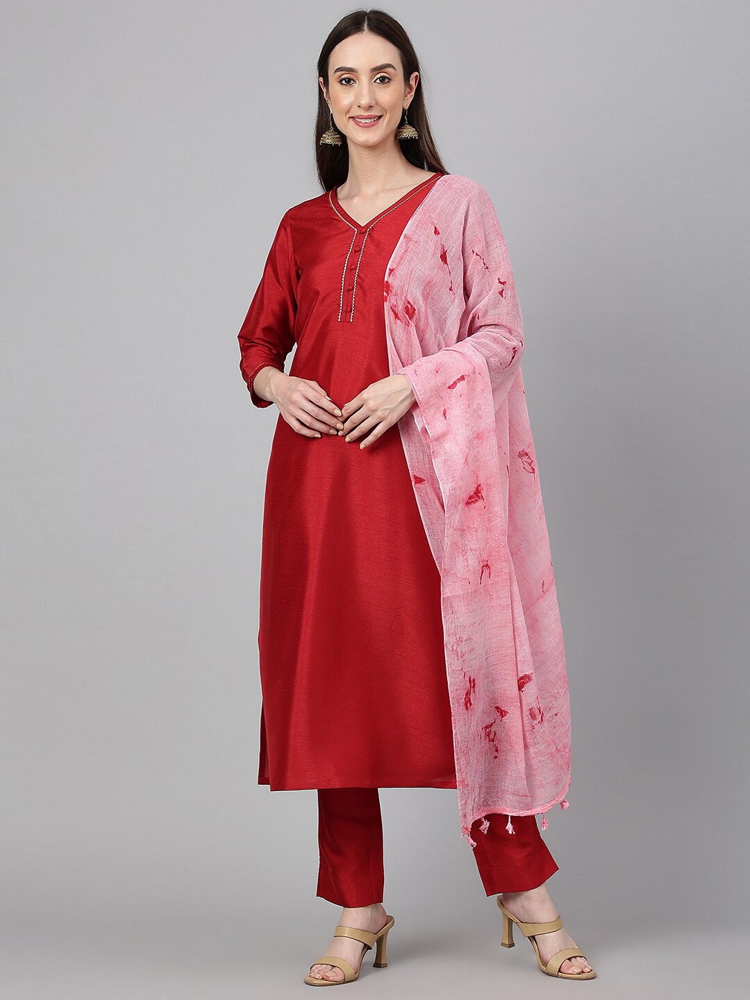 

Janasya Women V-Neck Gotta Patti Kurta with Trousers & Dupatta, Maroon