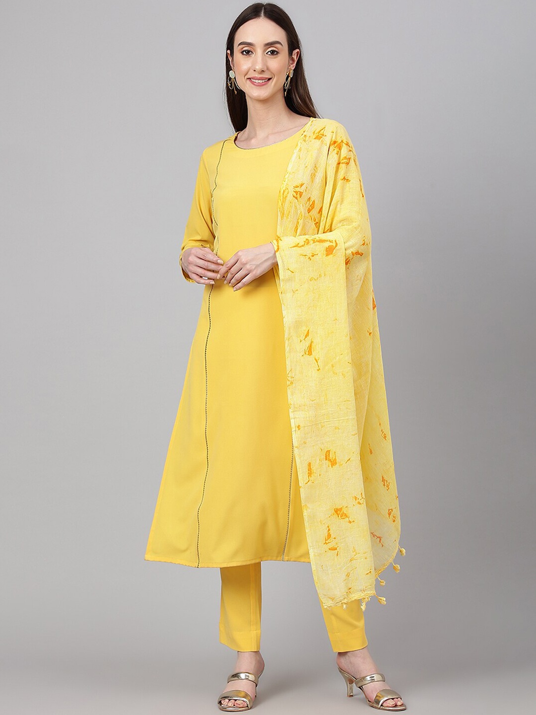 

Janasya Women Gotta Patti Kurta with Trousers & Dupatta, Yellow