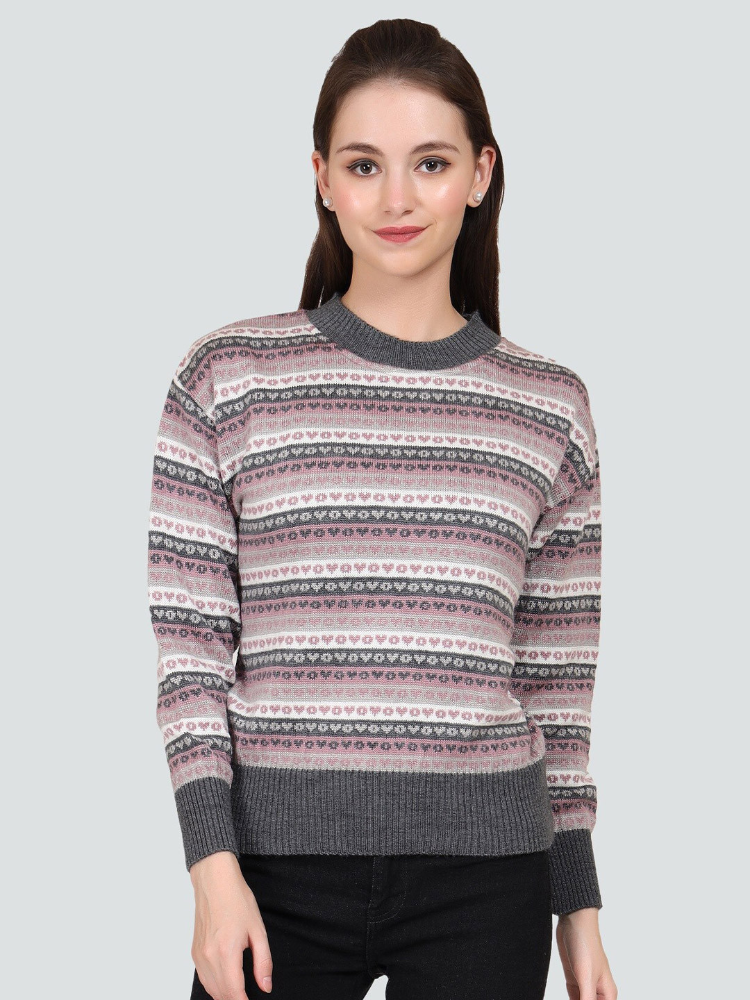

PRINCY KNITWEARS Striped Wool Pullover, Grey