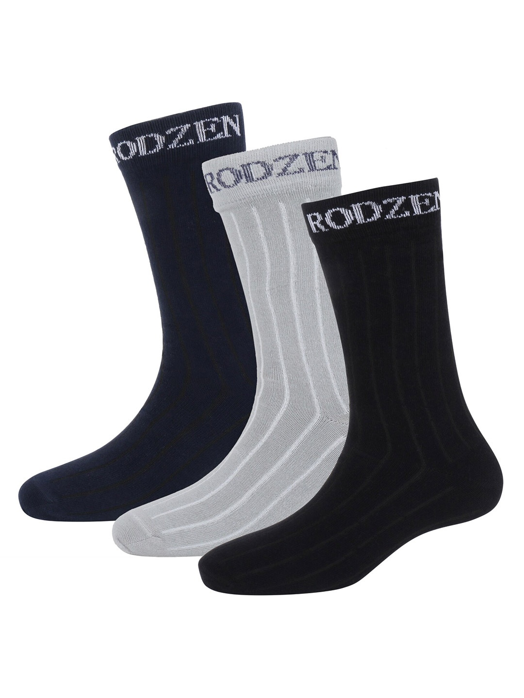 

Rodzen Men Pack Of 3 Striped Calf-Length Socks, Black