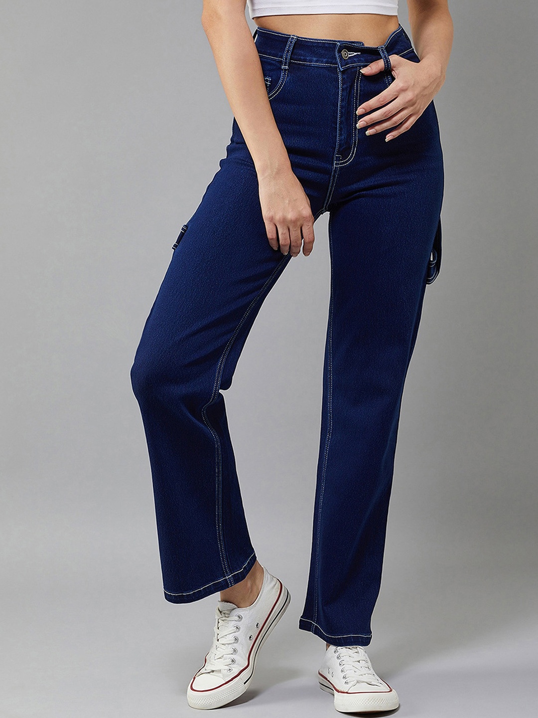 

DOLCE CRUDO Women Bootcut High-Rise Mildly Distressed Stretchable Jeans, Navy blue