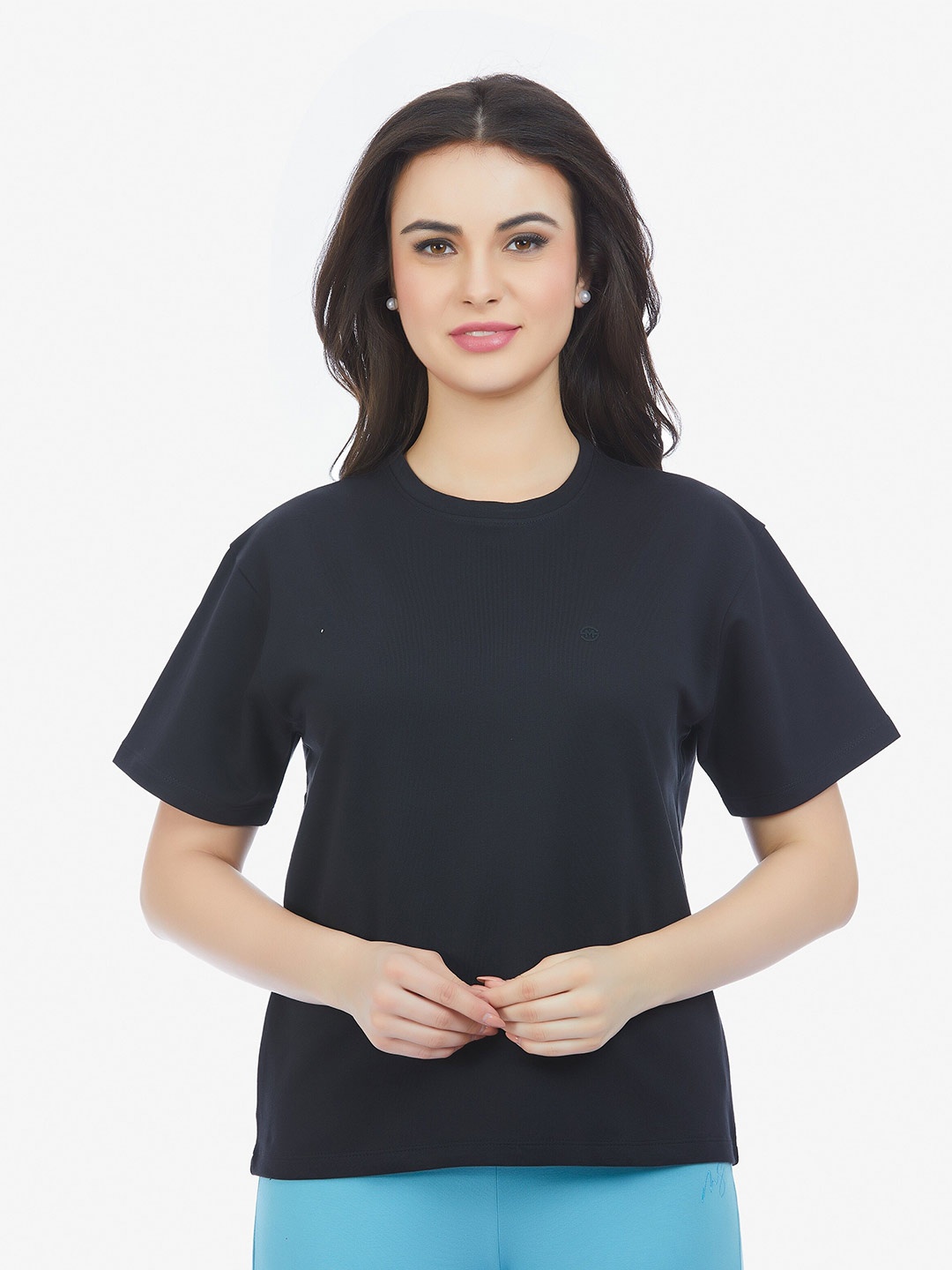 

MAYSIXTY Women Drop-Shoulder Sleeves Cotton T-shirt, Black