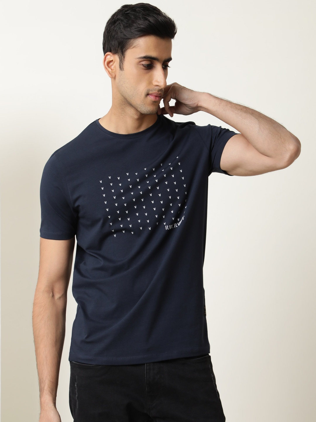 

RARE RABBIT Men Jitter Graphic Printed Slim Fit Cotton T-Shirt, Navy blue