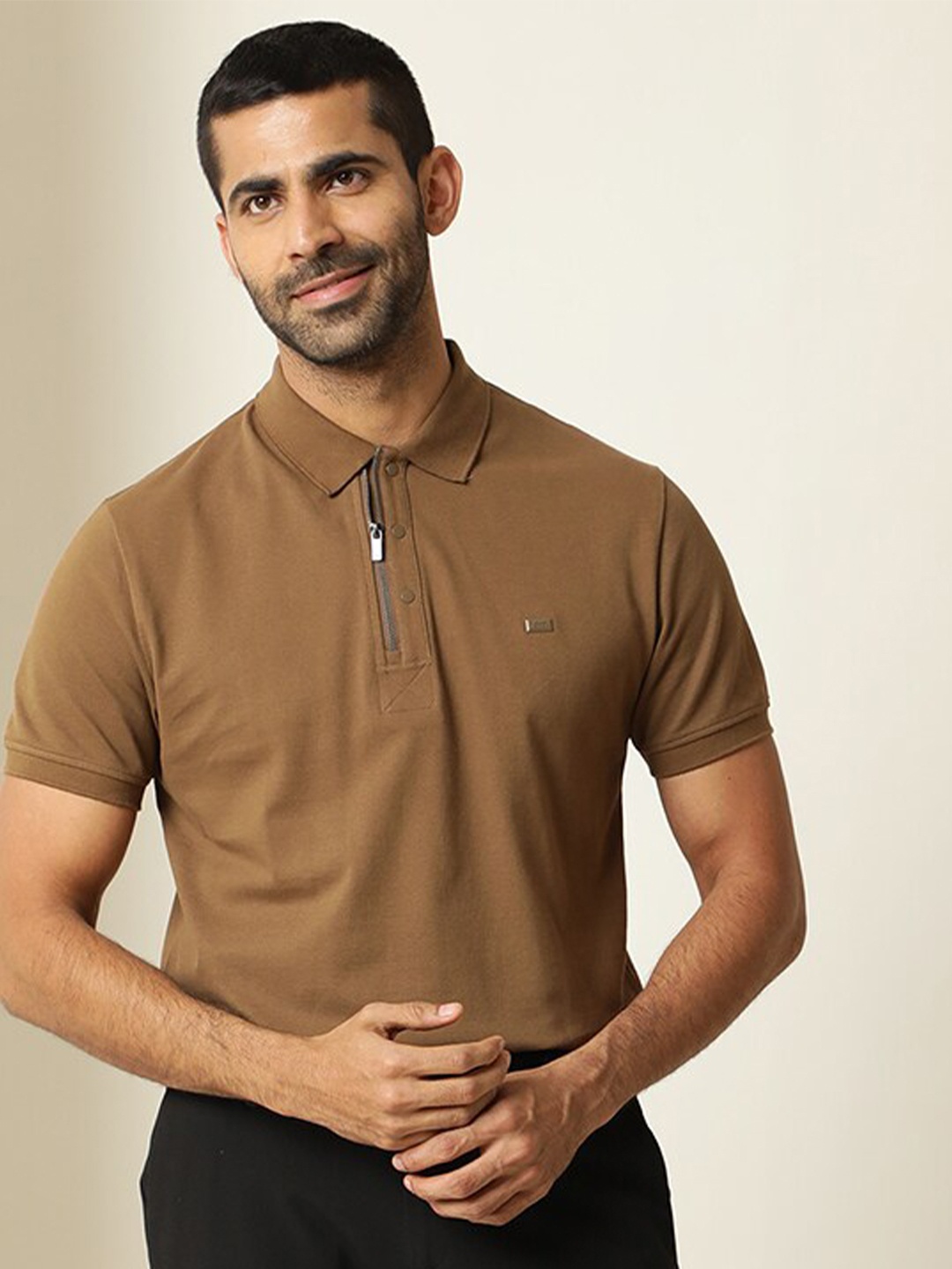 

RARE RABBIT Men Rings-4 Slim Fit Solid Polo Collar T-Shirt, Brown