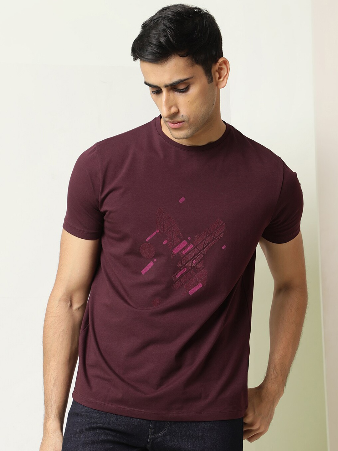 

RARE RABBIT Men Morph Regular Fit Geometric Printed Cotton T-Shirt, Purple