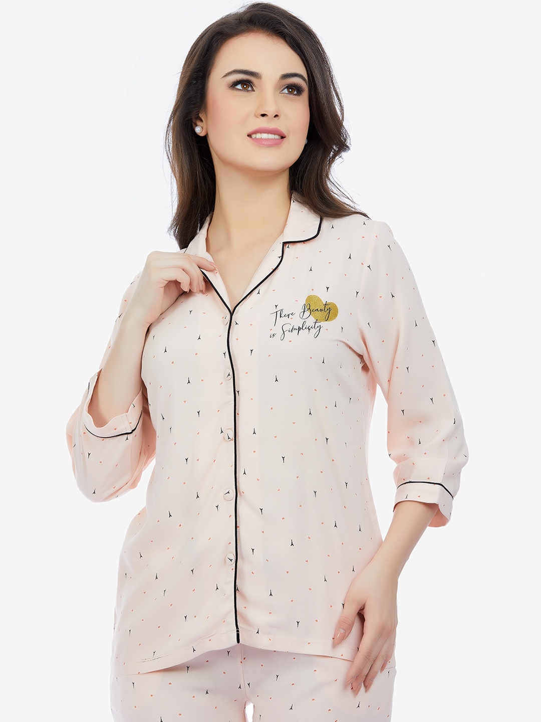 

MAYSIXTY Women Conversational Printed Night Suit, Peach
