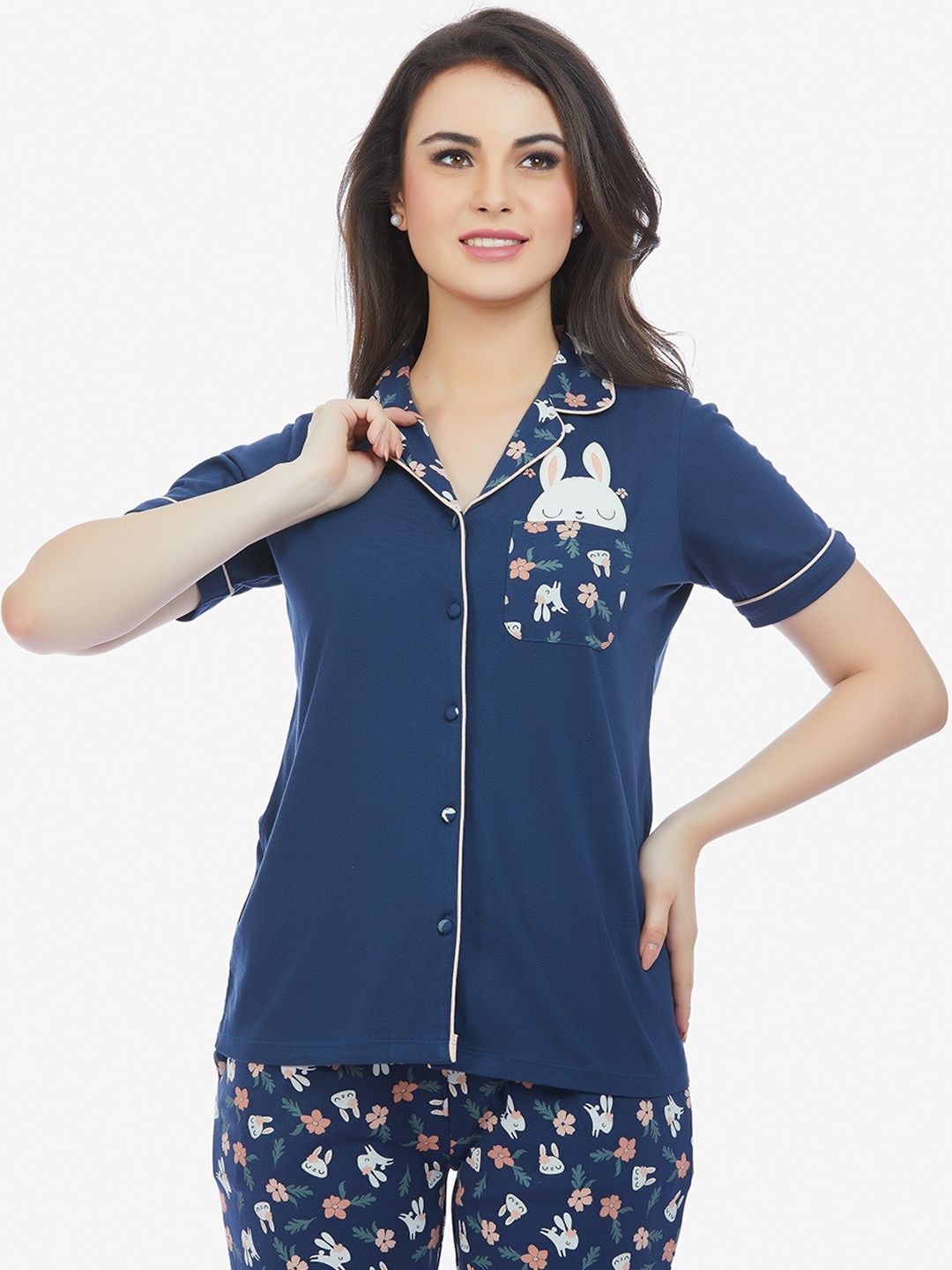 

MAYSIXTY Women Floral Printed Night Suit, Navy blue