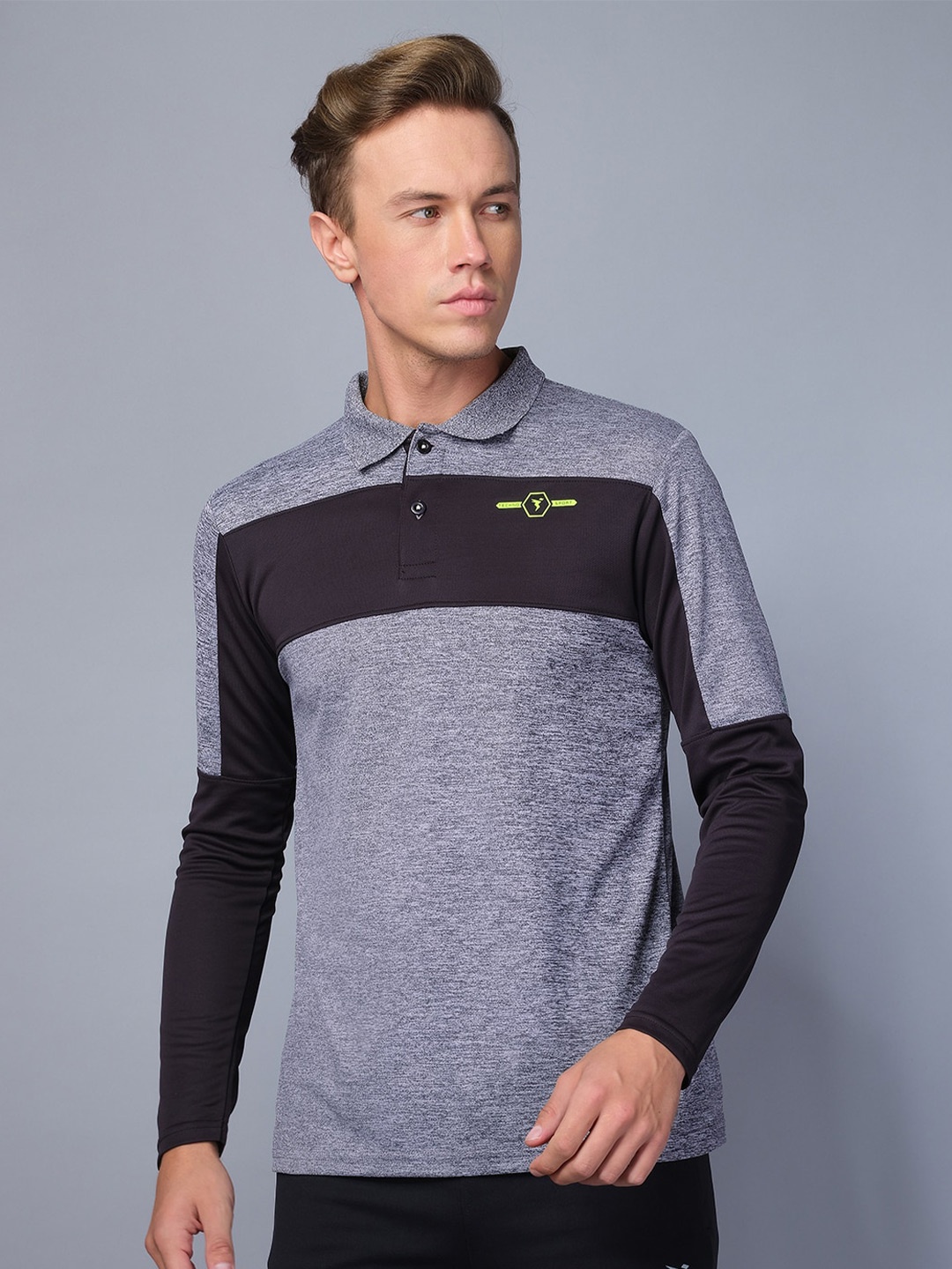 

Technosport Colourblocked Polo Collar Antimicrobial Training or Gym T-shirt, Grey melange