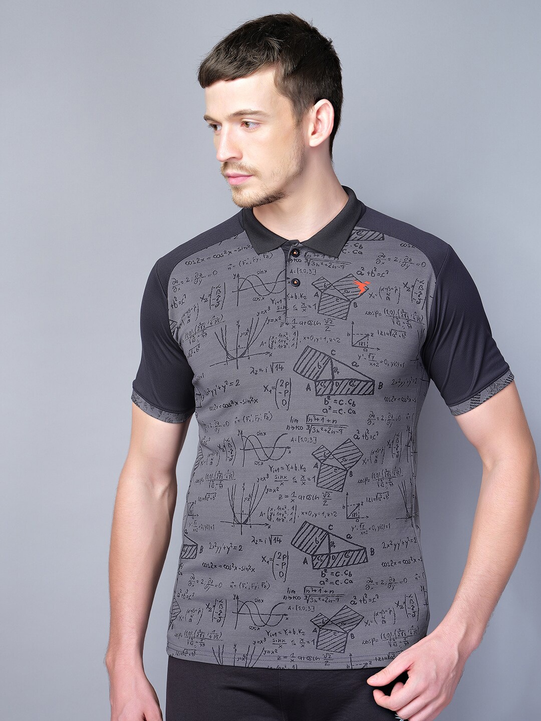 

Technosport Men Printed Polo Collar Antimicrobial T-shirt, Charcoal