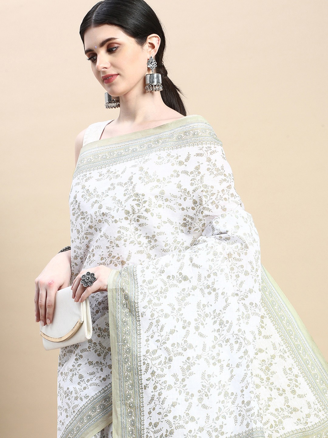 

SHANVIKA Floral Printed Pure Cotton Block Print Saree, White