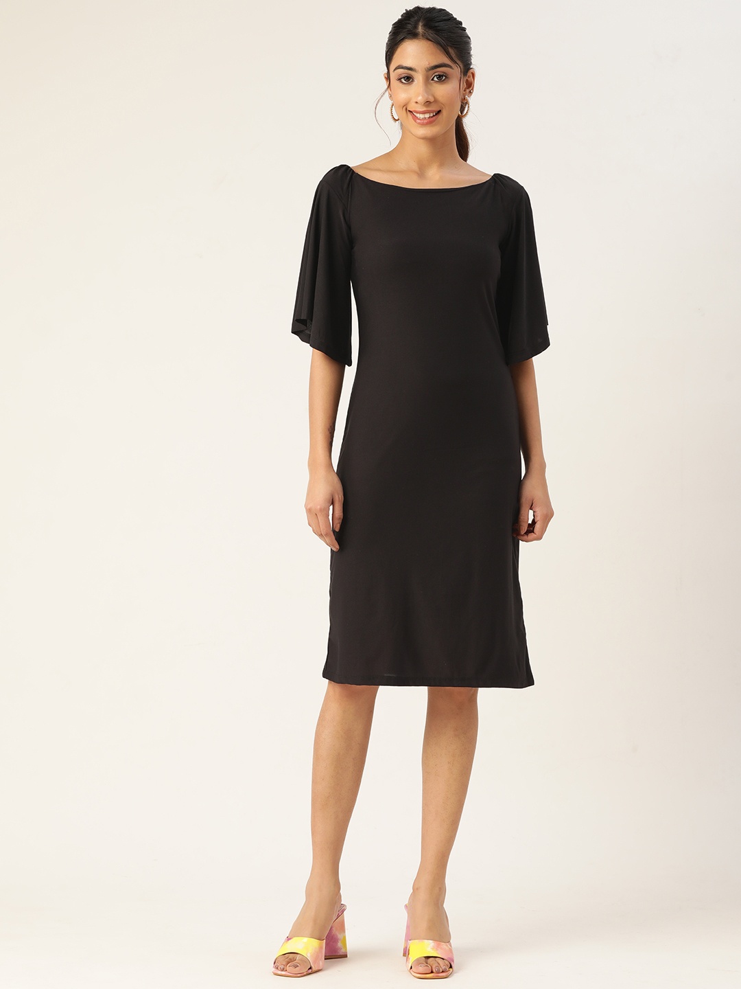 

ZIZO By Namrata Bajaj Flared Sleeves Boat Neck Crepe A-Line Dress, Black