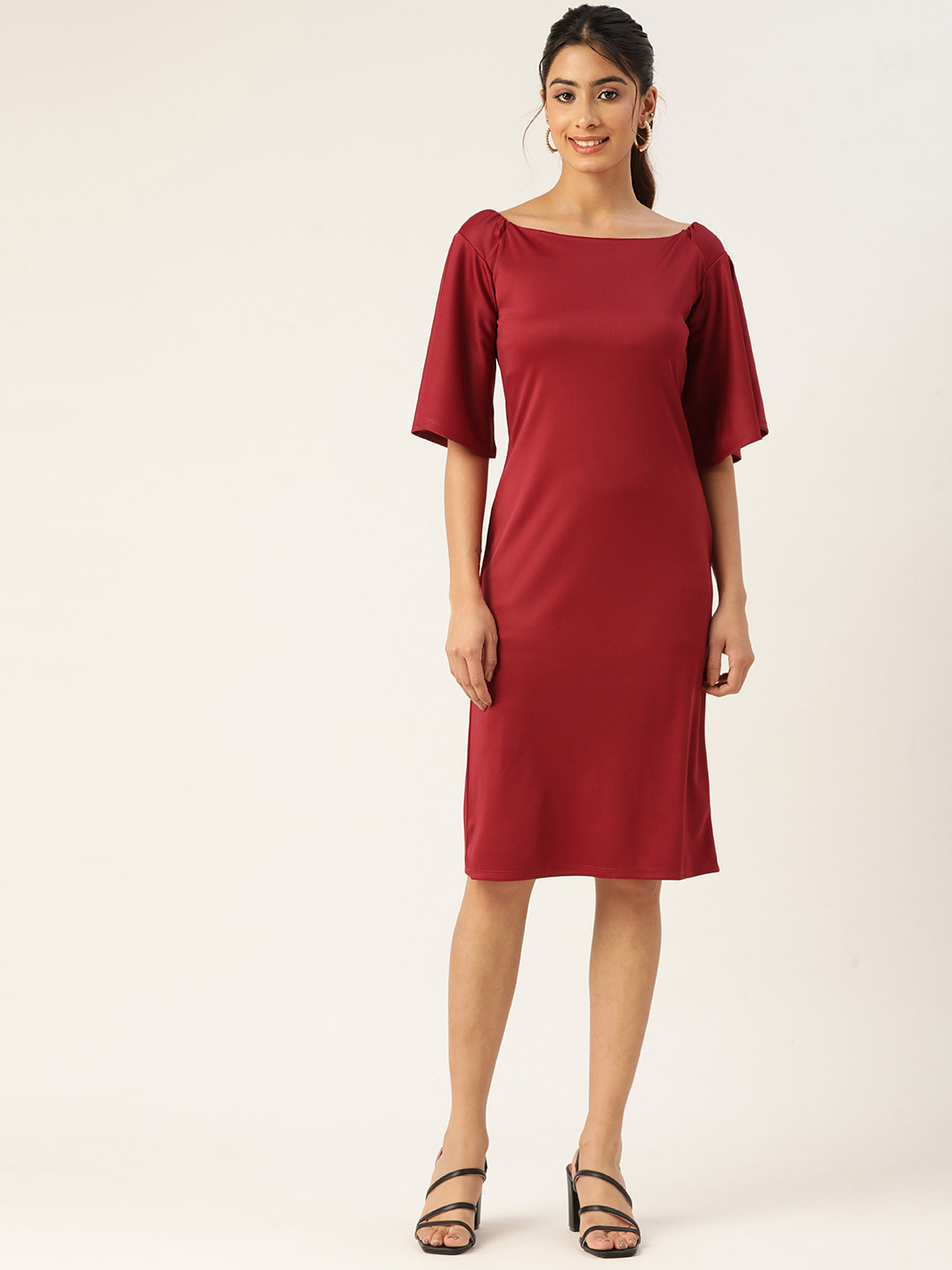 

ZIZO By Namrata Bajaj Flared Sleeves Boat Neck Crepe A-Line Dress, Maroon