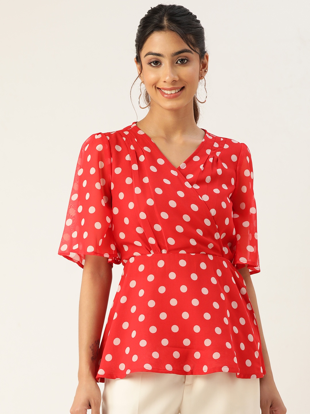 

ZIZO By Namrata Bajaj Polka Dots Printed Georgette Empire Top, Red