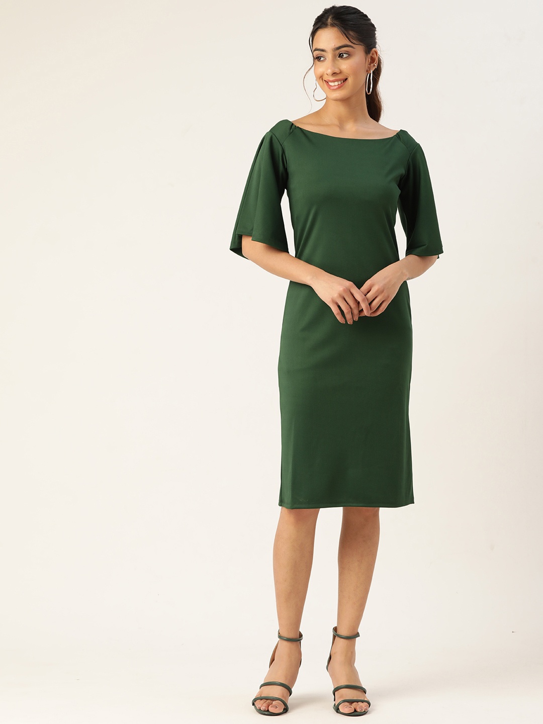 

ZIZO By Namrata Bajaj Flared Sleeves Boat Neck Crepe A-Line Dress, Green