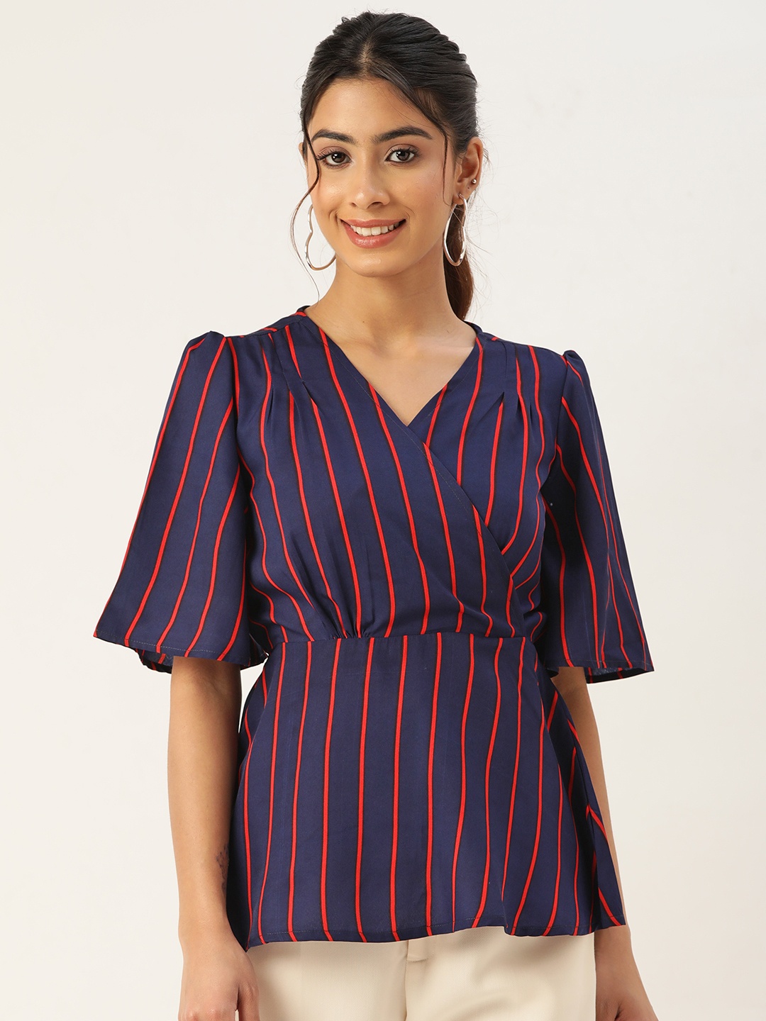 

ZIZO By Namrata Bajaj Striped Georgette Wrap Top, Navy blue