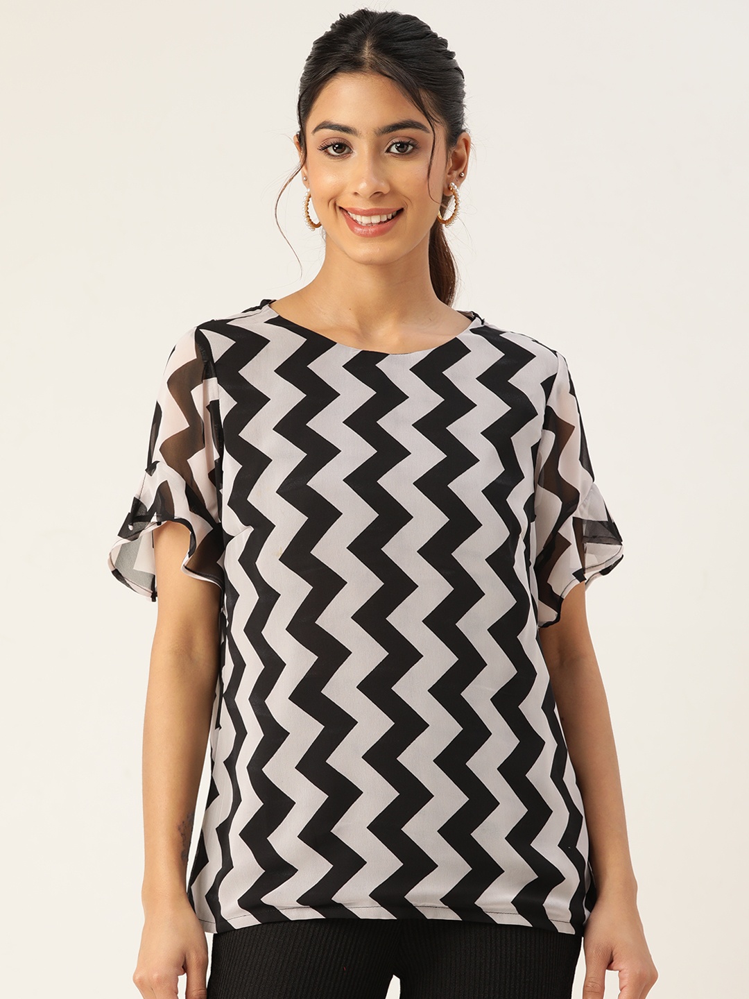 

ZIZO By Namrata Bajaj Chevron Print Georgette Top, Black