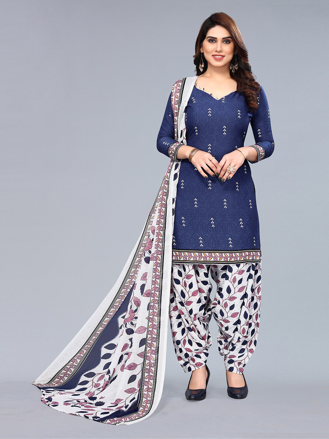 

KALINI Ethnic Printed Poly Crepe Unstitched Dress Material, Navy blue