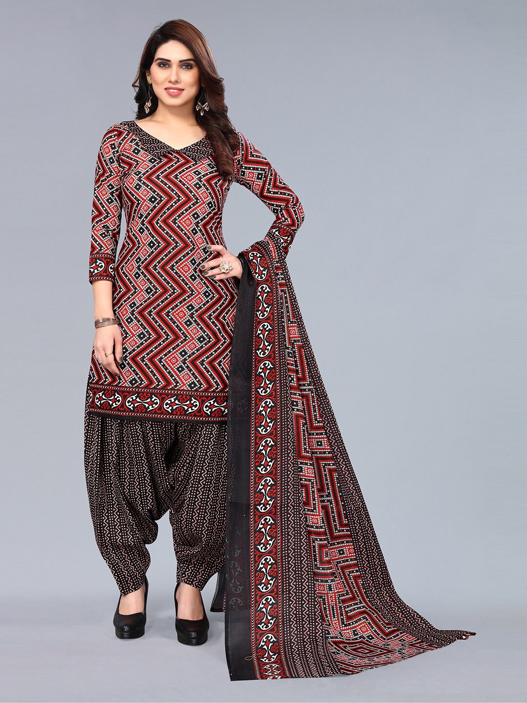

KALINI Geometric Printed Unstitched Dress Material, Red