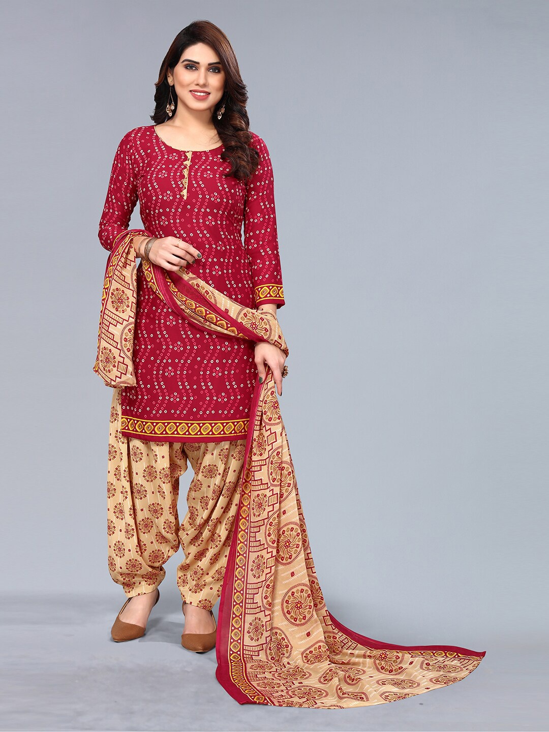 

KALINI Bandhani Printed Poly Crepe Unstitched Dress Material, Maroon