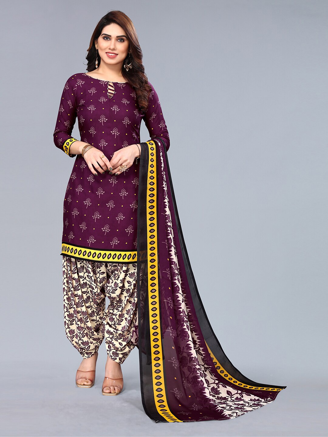 

KALINI Ethnic Printed Poly Crepe Unstitched Dress Material, Magenta