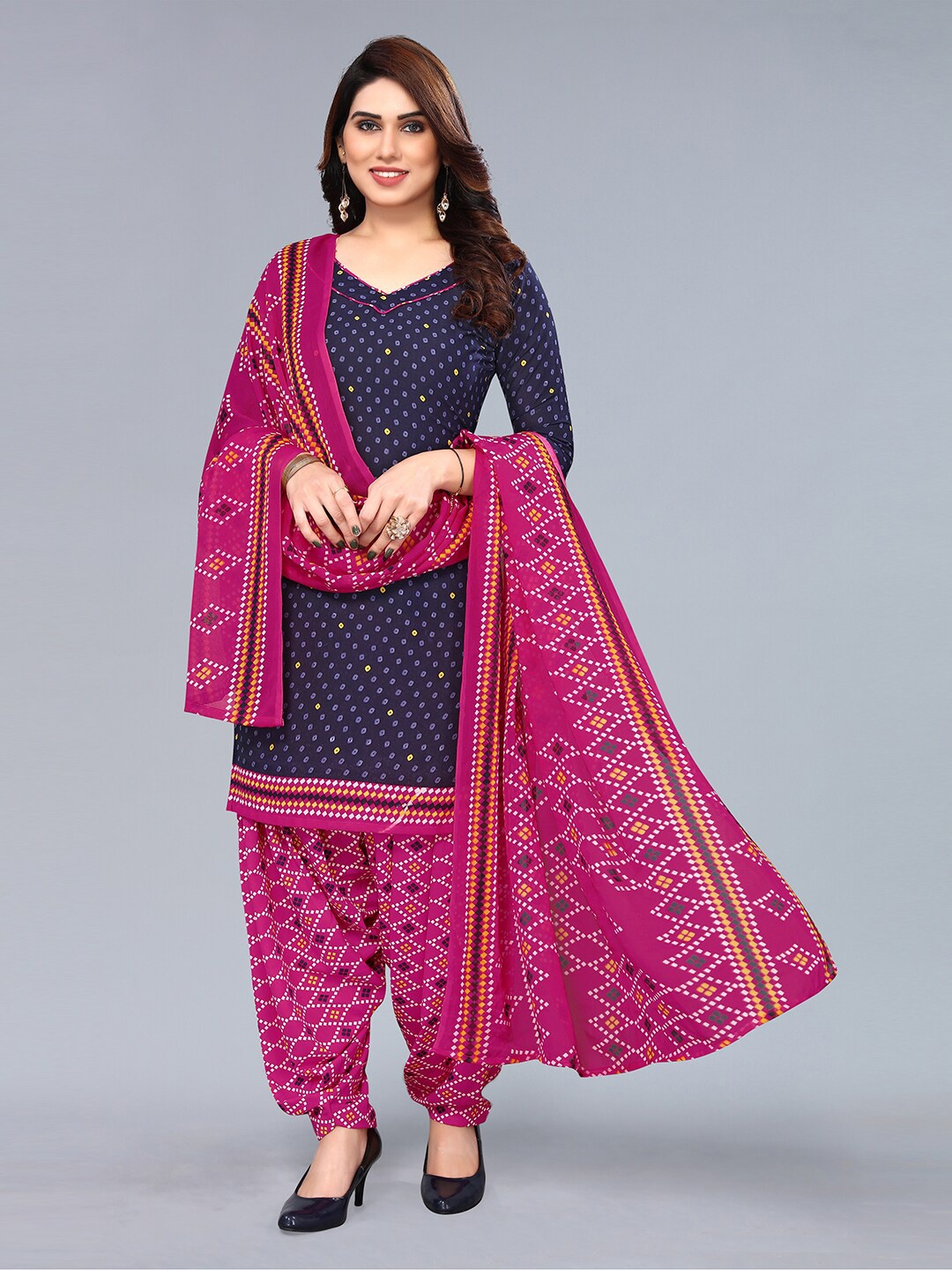 

KALINI Printed Unstitched Dress Material, Navy blue