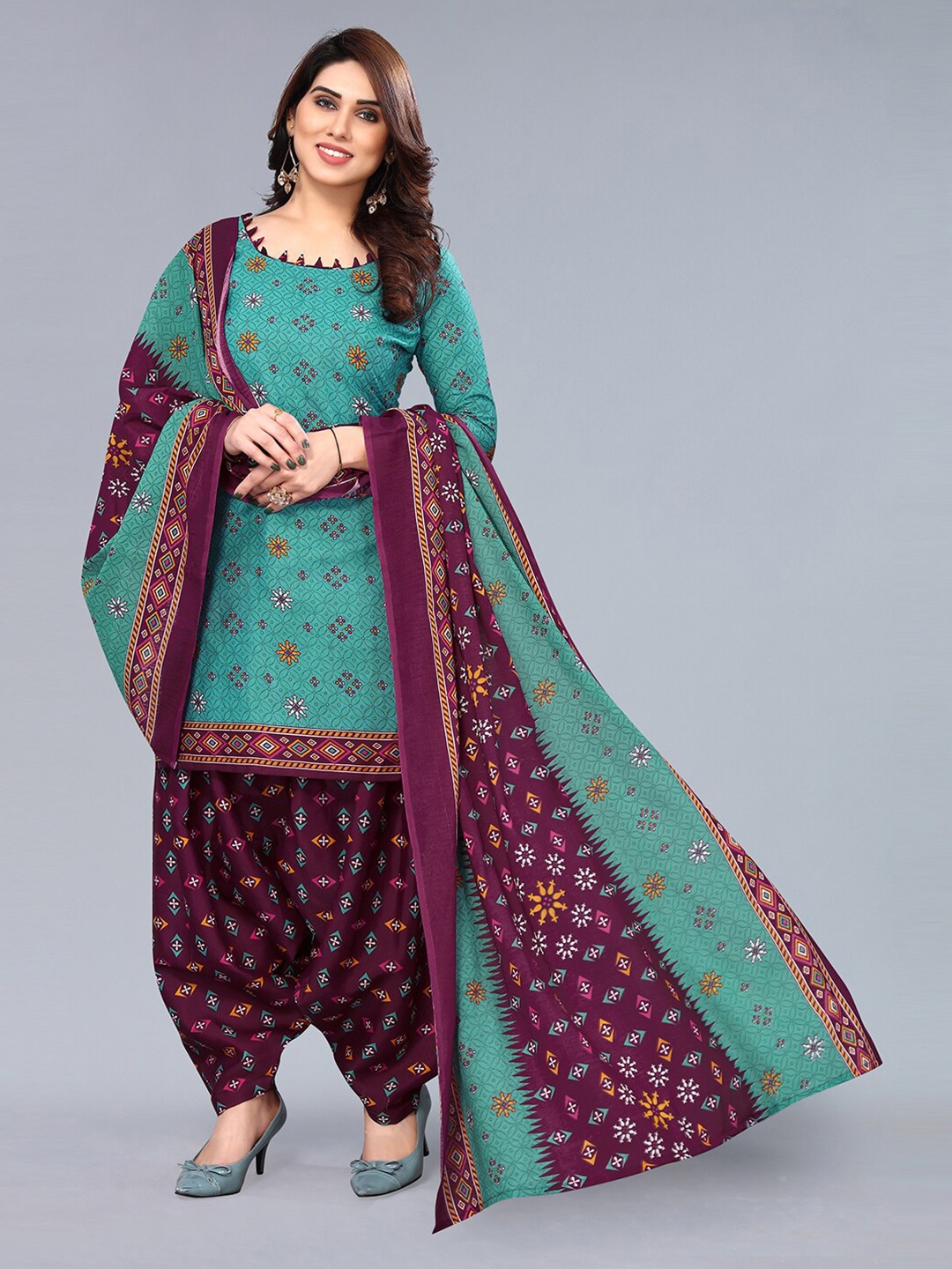 

KALINI Printed Unstitched Dress Material, Teal