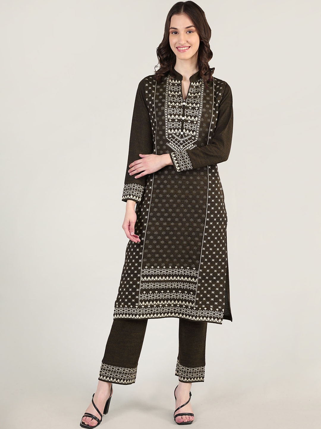 

MIKHAD Ethnic Motifs Printed Jacquard Kurta, Brown