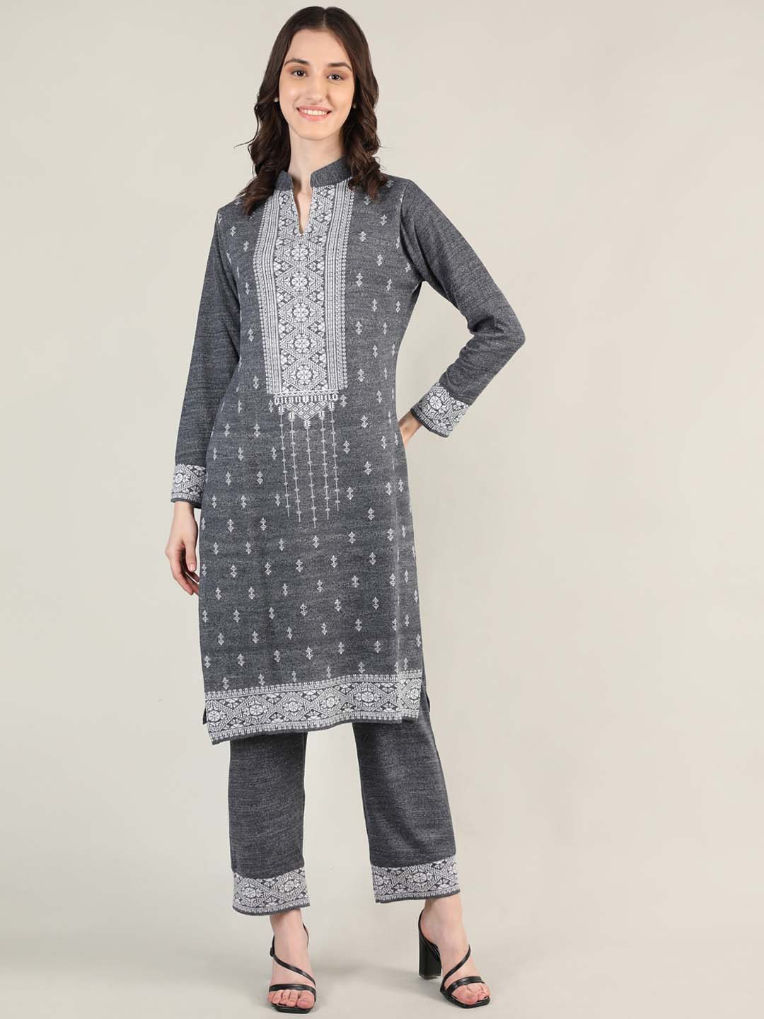 

MIKHAD Women Ethnic Motifs Printed Mandarin Collar Jacquard Kurta, Grey