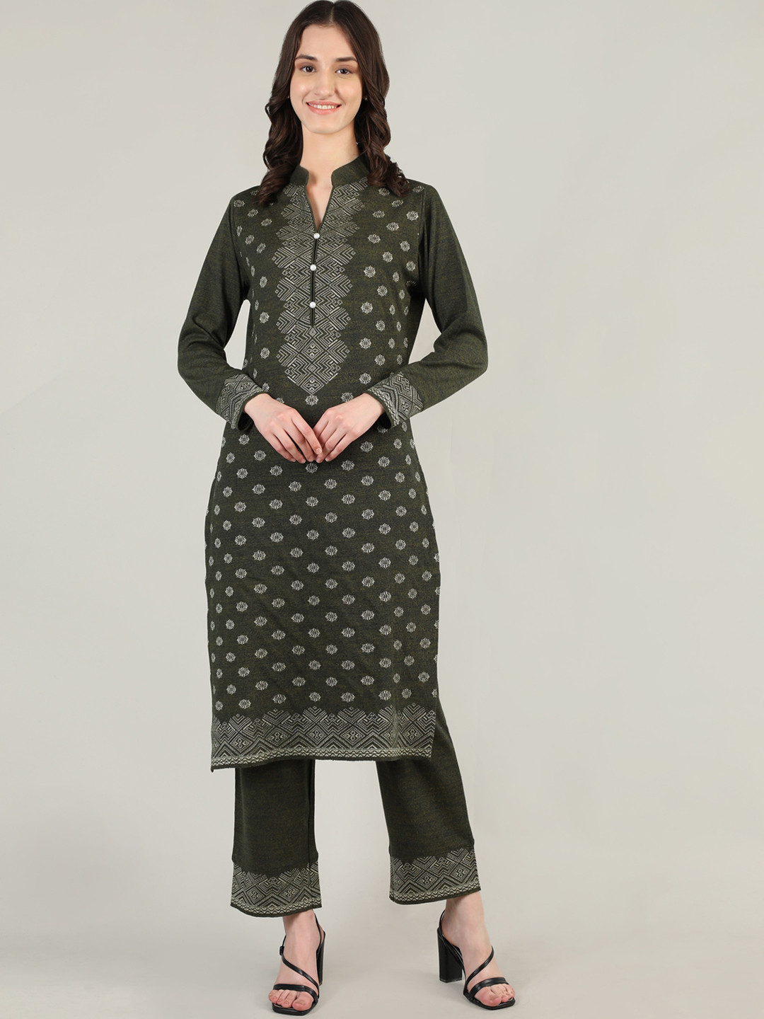 

MIKHAD Women Ethnic Motifs Printed Mandarin Collar Jacquard Kurta, Olive