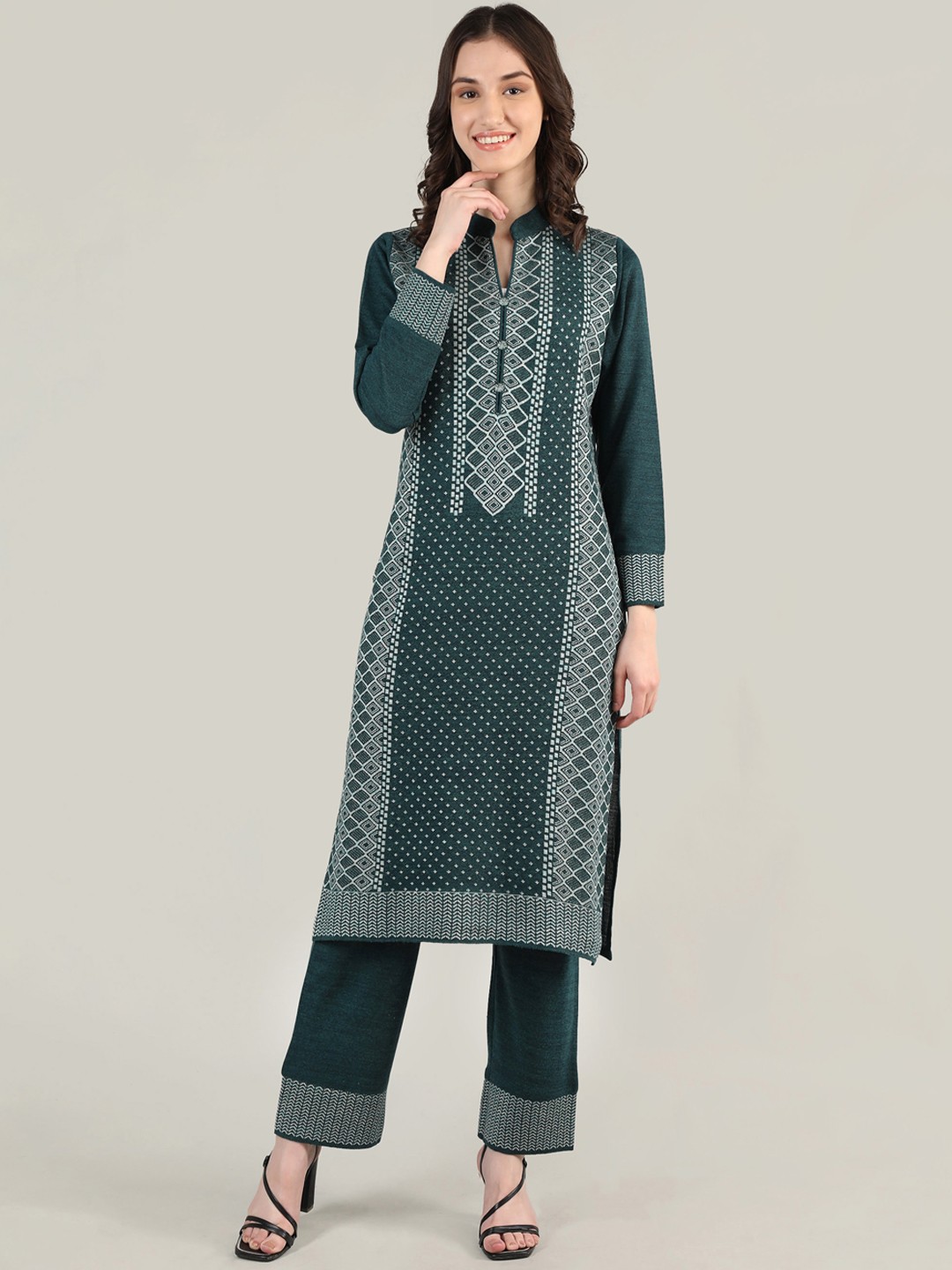 

MIKHAD Geometric Printed Jacquard Wool Kurta, Teal