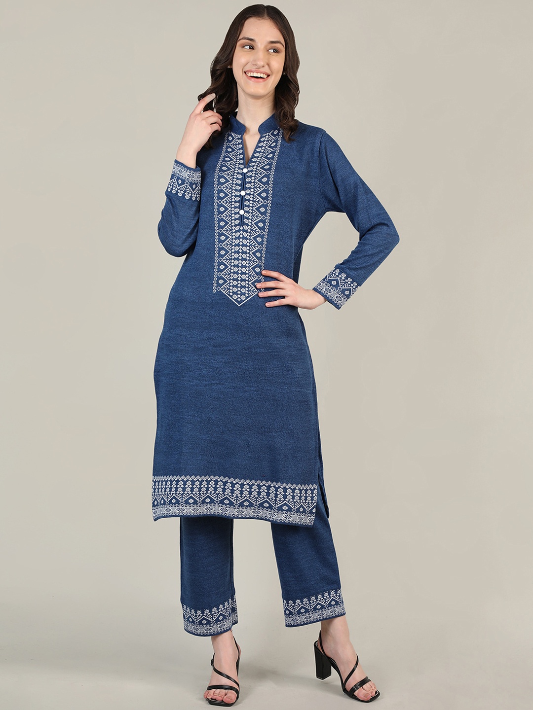 

MIKHAD Ethnic Motifs Printed Jacquard Wool Kurta, Blue