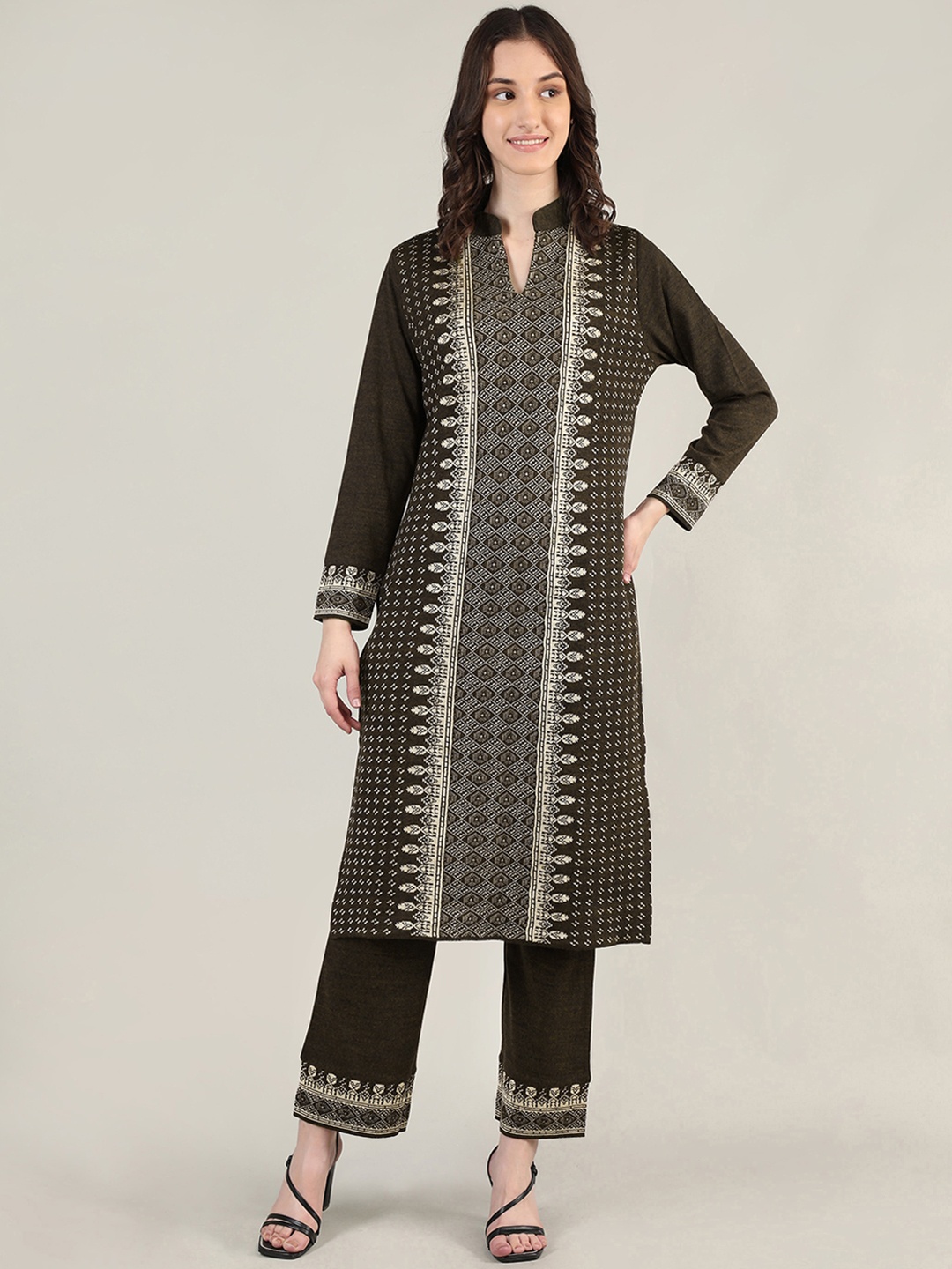 

MIKHAD Women Woven Design Mandarin Collar Kurta, Brown