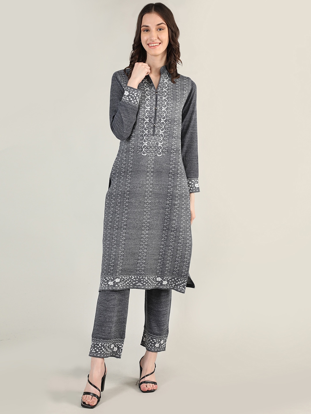 

MIKHAD Geometric Printed Jacquard Wool Kurta, Grey melange