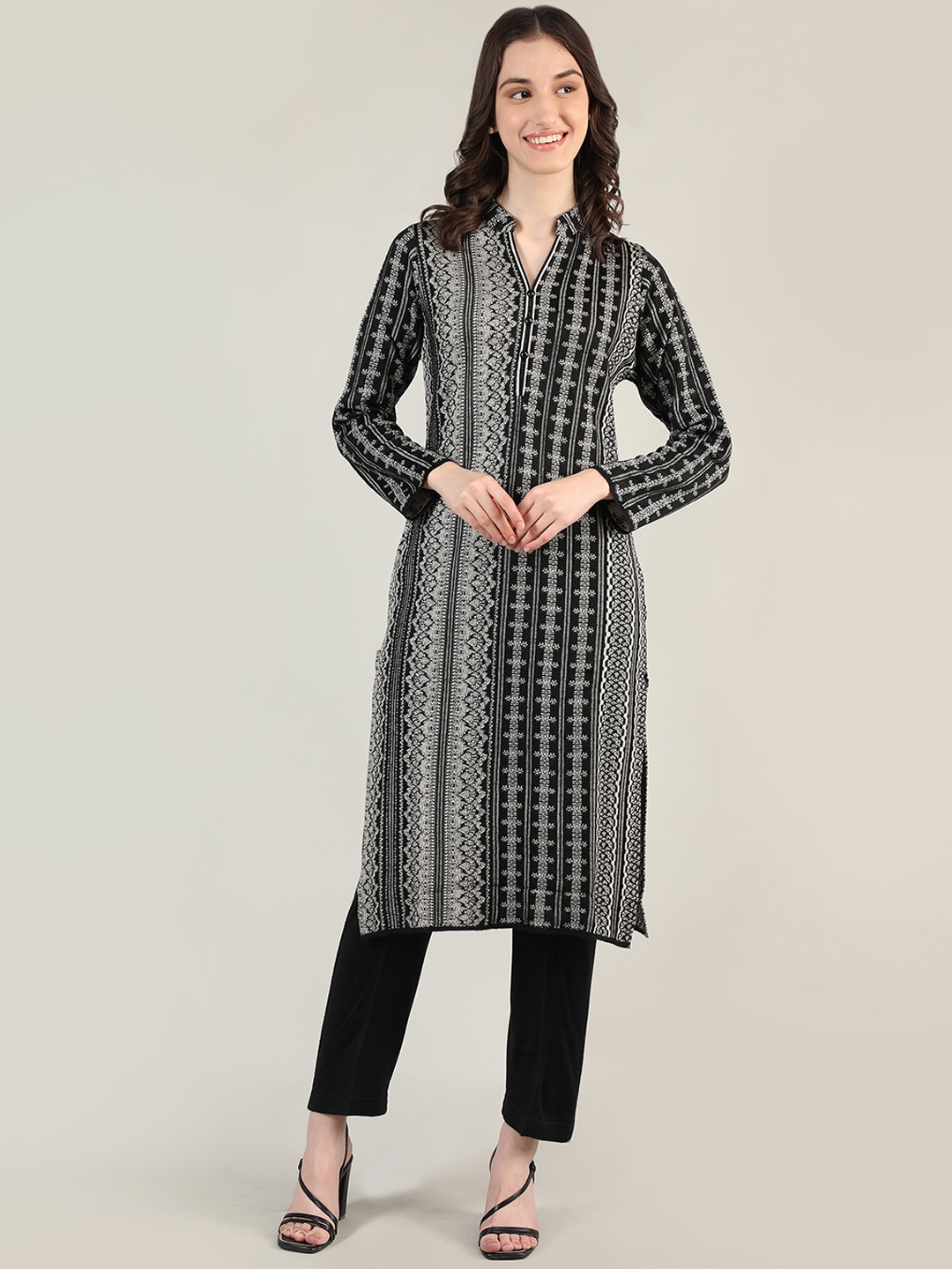 

MIKHAD Mandarin Collar Ethnic Motifs Thread Work Jacquard Woollen Straight Kurta, Black