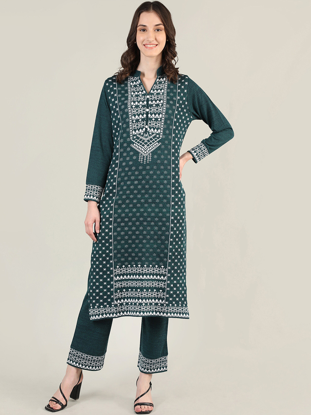 

MIKHAD Women Ethnic Motifs Printed Mandarin Collar Jacquard Kurta, Green