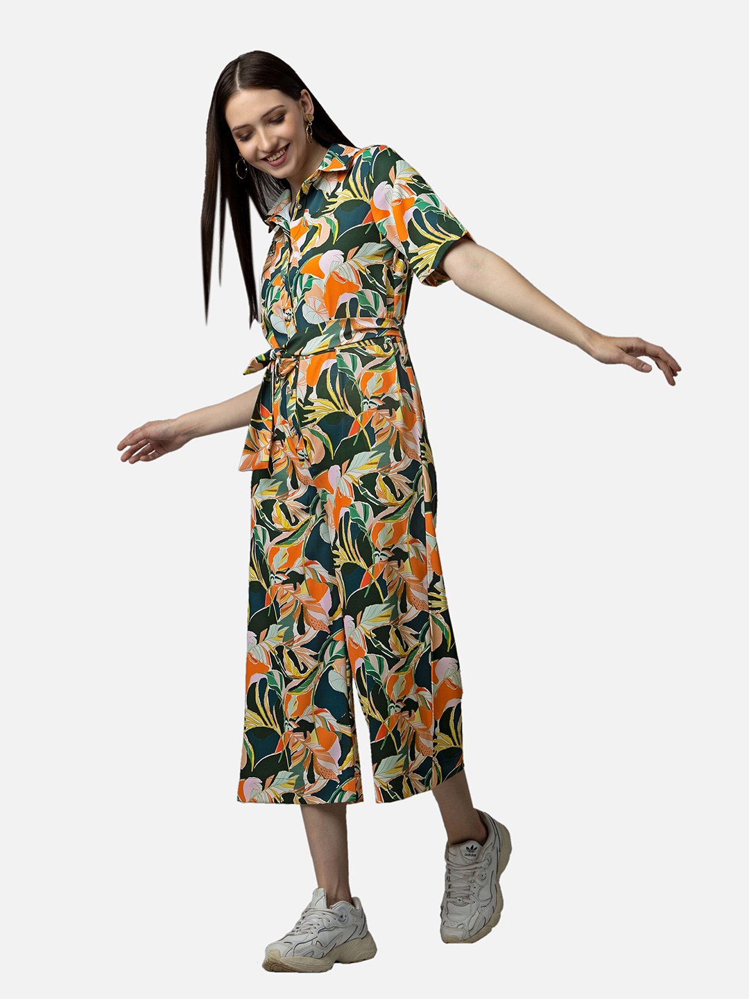 

NEOFAA Green & Orange Printed Capri Jumpsuit