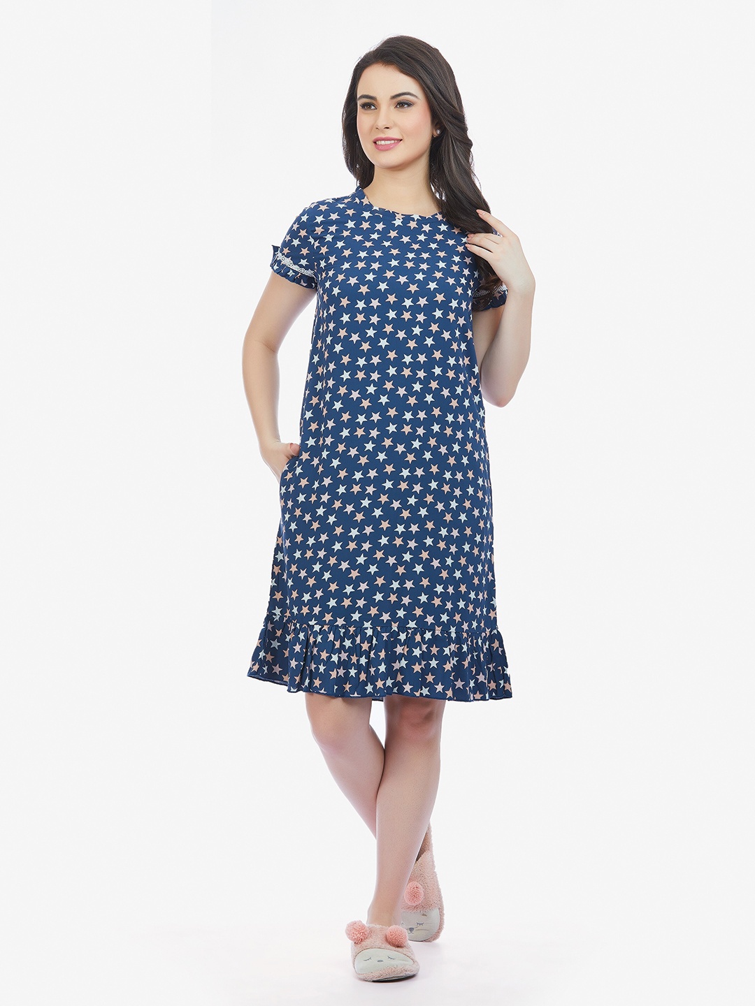 

MAYSIXTY Navy Blue Printed Nightdress