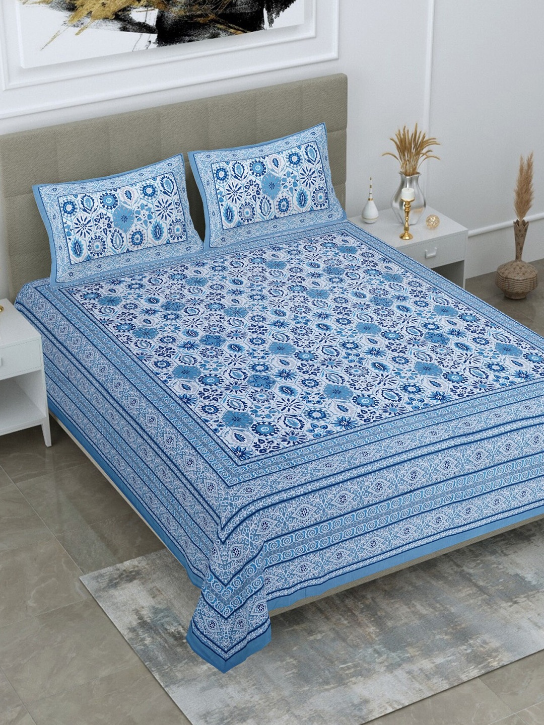 

Salona Bichona Jaipuri Blue Floral 120 TC Flat Cotton King Bedsheet with 2 Pillow Covers