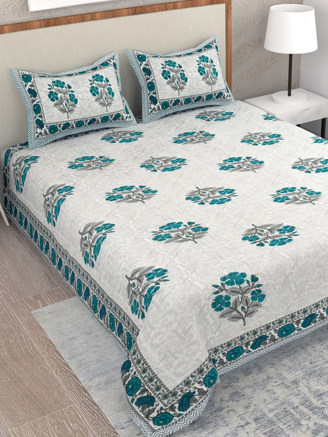 

Salona Bichona Jaipuri Grey Floral 120 TC Flat Cotton Queen Bedsheet with 2 Pillow Covers
