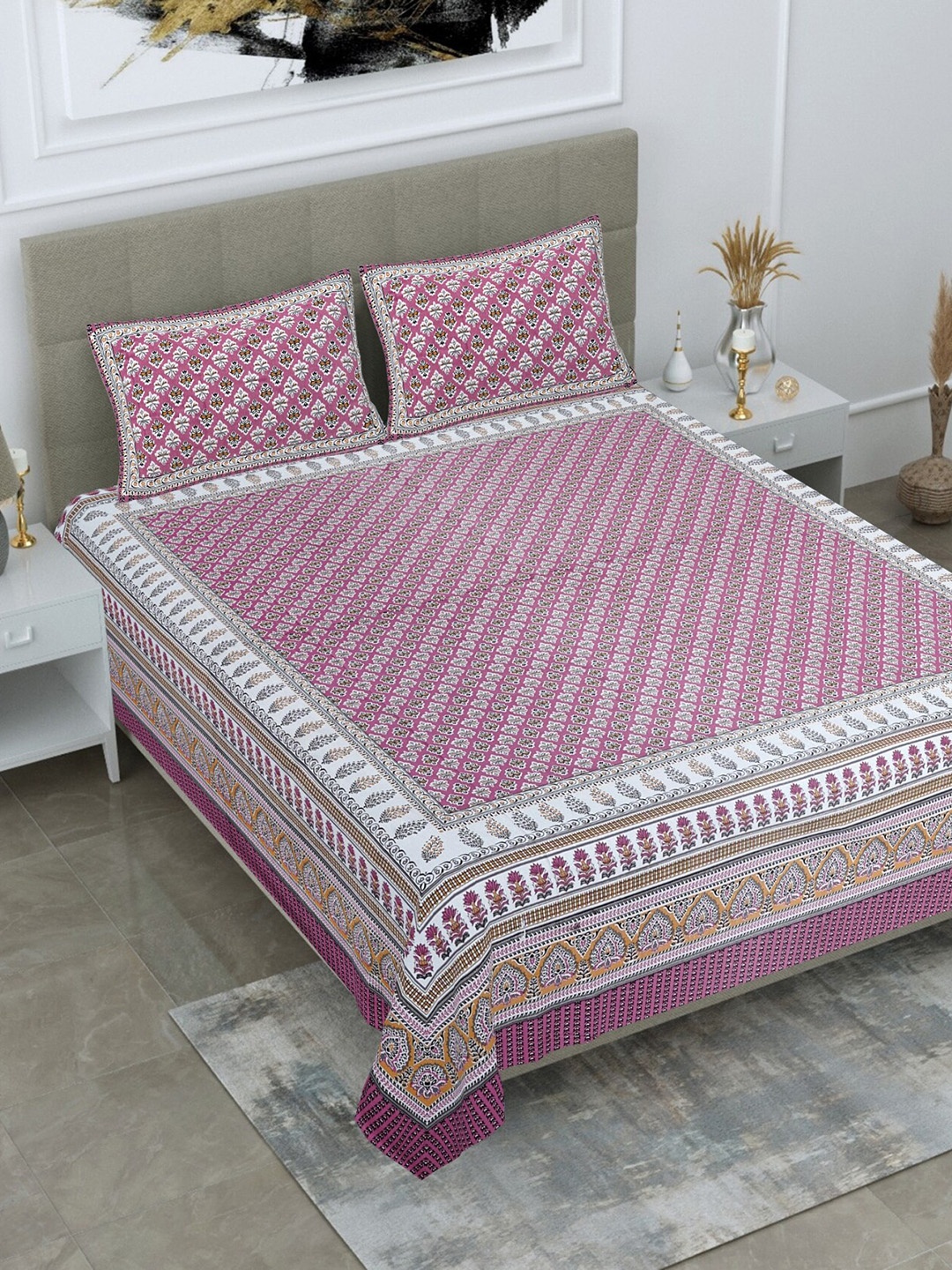 

Salona Bichona Jaipuri Pink & White 120 TC Flat Cotton King Bedsheet with 2 Pillow Covers