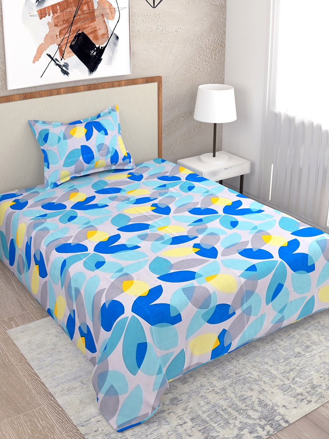 

Salona Bichona Impression Blue Floral 144 TC Flat Single Bedsheet with 1 Pillow Cover